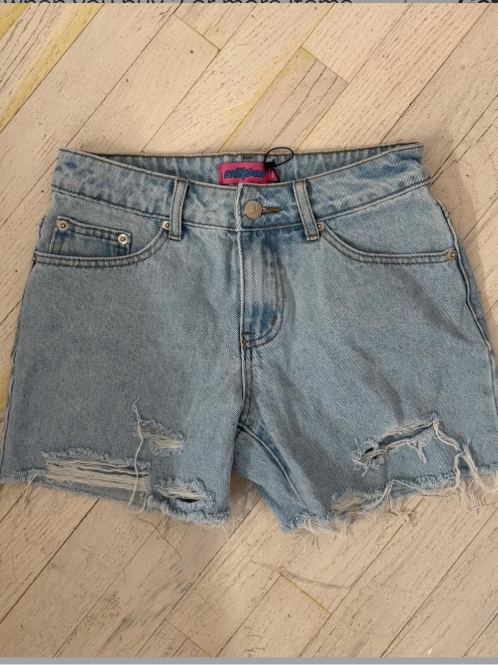EDIKTED Light Blue Frayed Hem Distressed Denim Shorts